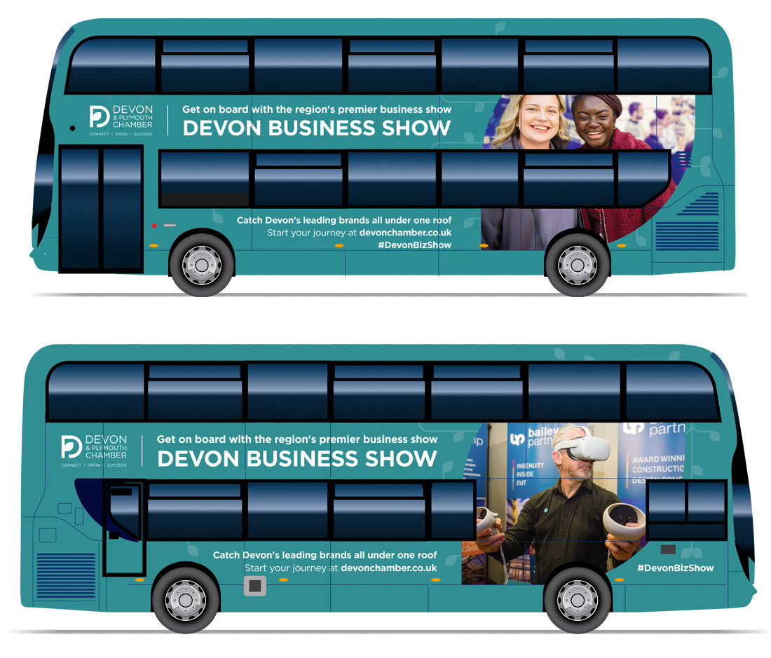 Visual mockups of the bus with branded graphics